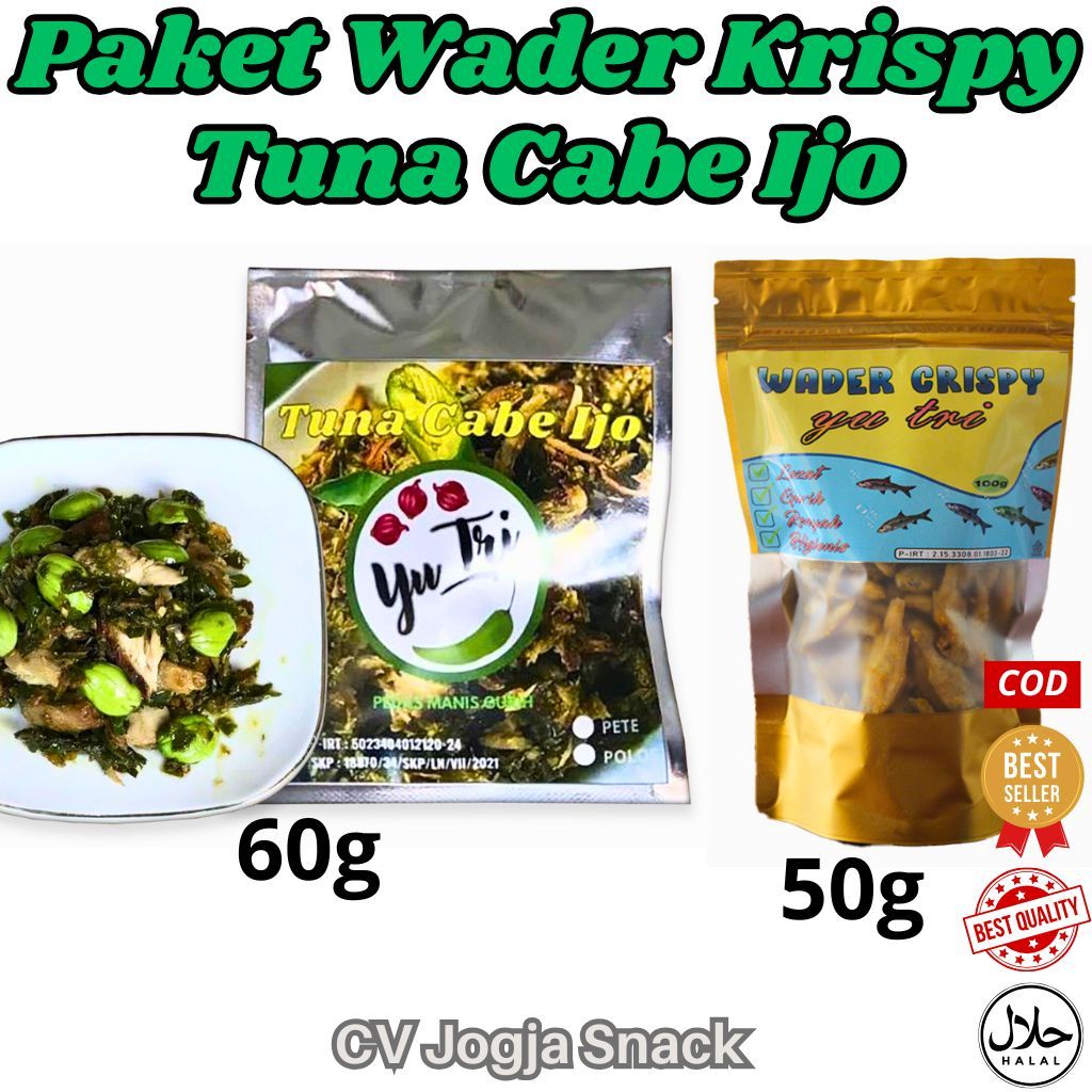 

Paket Hemat Sambel Tuna Cabe Ijo Pete 60 Gr dan Wader Crispy 50 Gr Lauk Manis Pedas Gurih Renyah