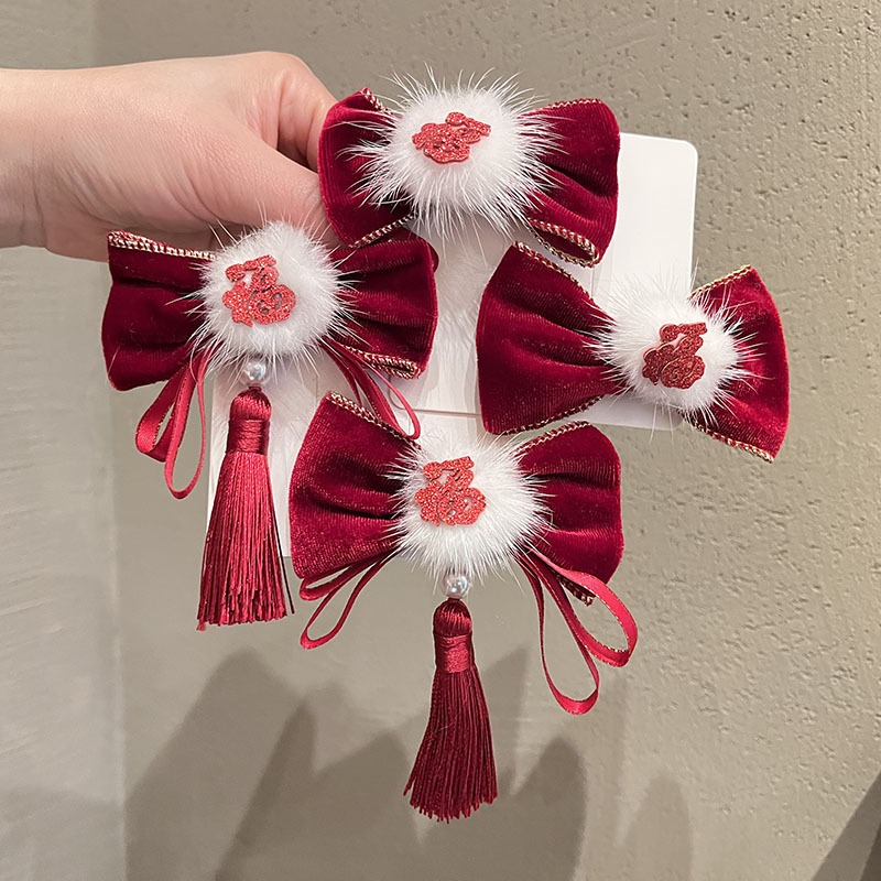 JEPITAN IMLEK 2025 / AKSESORIS RAMBUT ANAK PEREMPUAN / JEPIT RAMBUT MERAH IMLEK MOTIF PITA KEKINIAN