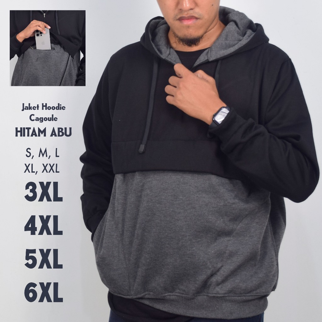 Jaket Hoodie Cagoule Hitam Abu Pria Jumbo Big Size S M L XL XXL 3XL 4XL 5XL 6XL