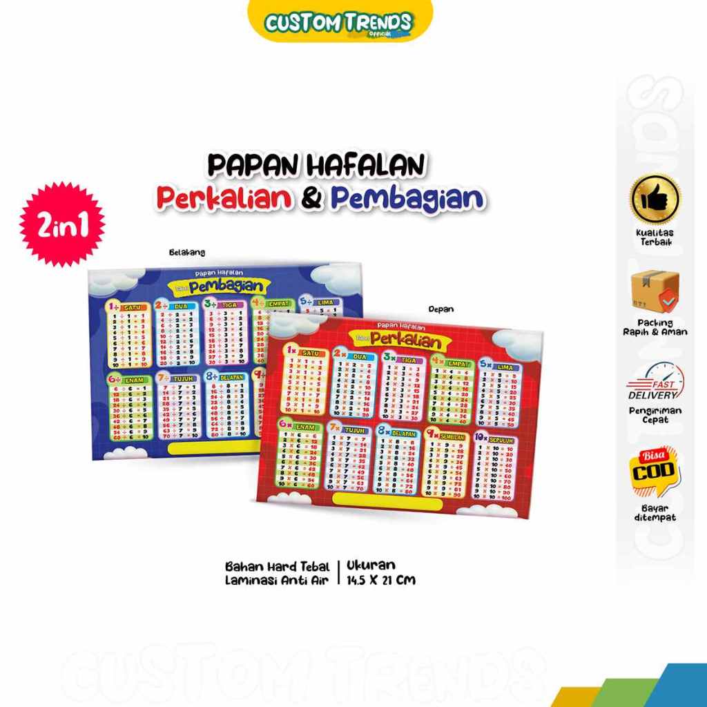 

Table Papan Hafalan Perkalian & Pembagian Bahan Hard Tebal Laminasi Anti Air Ukuran 14,5 x 21 cm (Table Papan Hafalan), Matematika