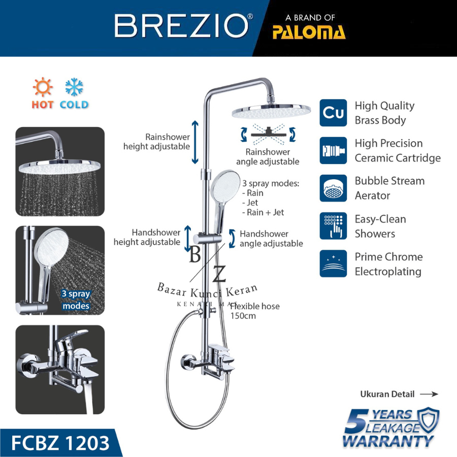 BREZIO FCBZ 1203 Shower Mixer Kran Air Kamar Mandi Kepala Pancuran Set Chrome Bulat