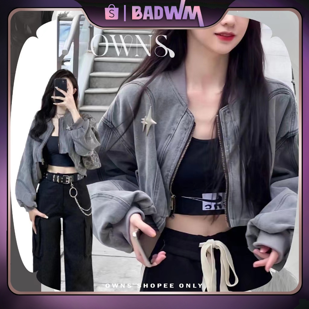 washed denim jacket lengan panjang/zipper jacket y2k/boomber jacket wanita overszie