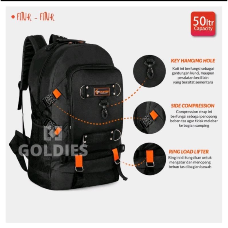 Goldvers Tas Ransel Pria Jumbo Backpack Pakaian Traveling Tas Mudik 50Liter Original Import
