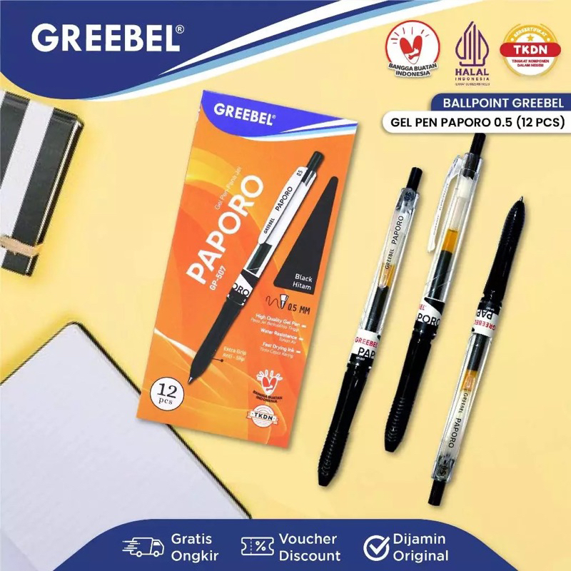 

GREEBEL PULPEN GEL / Gel Pen Paporo GP-507 0.5 Hitam (12PCS/SET) / Ballpen Gel Ballpoint Bolpen Bolpoin Pena Gel
