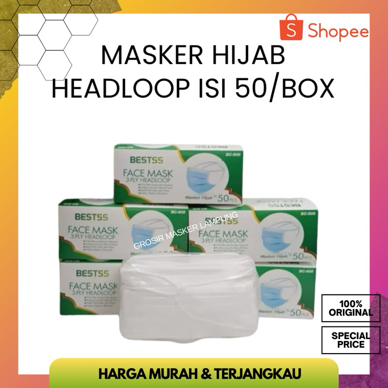 Masker Headloop Hijab Putih Bestss Murah isi 50pcs/Box || Masker Medis Hijab Putih