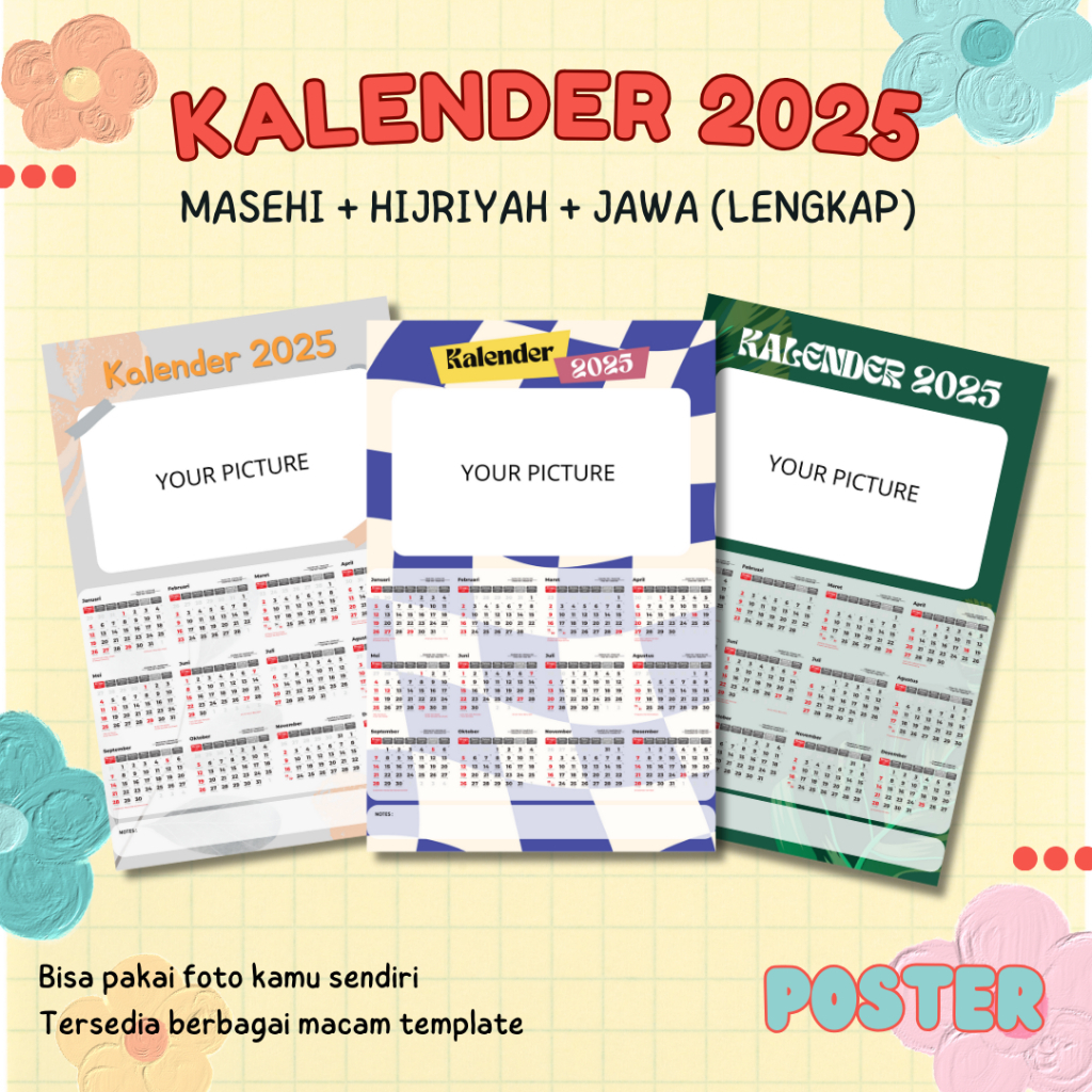 

[custom foto] Kalender Masehi Hijriyah Jawa Lengkap - Kalender Poster - Kalender 2025 ukuran A3+