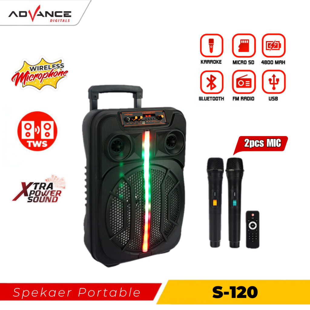 【Gratis Ongkir+COD】Advance Speaker Bluetooth karaoke portable+1xmic Wireless TWS 12inch 120