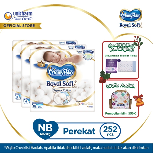 MamyPoko Royal Soft Organic Cotton - NB 84 - Popok Perekat NewBorn Bayi Baru Lahir - Karton isi 3