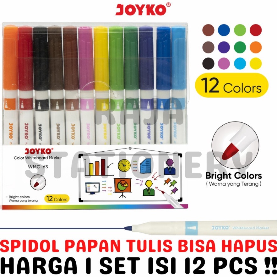

KODE T46K JOYKO WHITEBOARD MARKER 12 COLOURS SPIDOL PAPAN TULIS WARNA MURAH BERKUALITAS WMC63