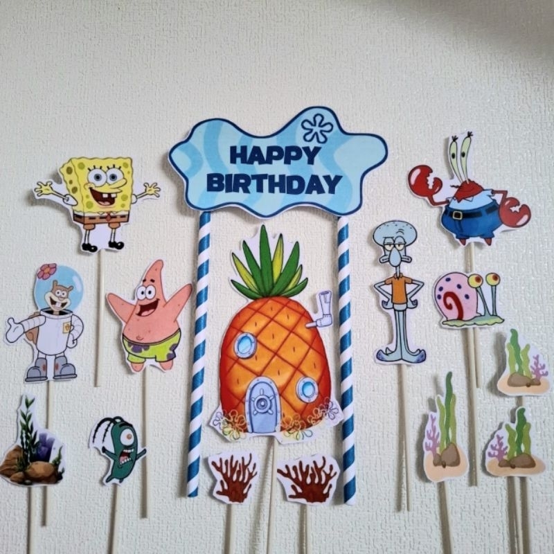 Cake Topper Karakter Spongebob/Hiasan kue ulang tahun/Topper Cake Happy Birthday/Tusukan kue/Custom