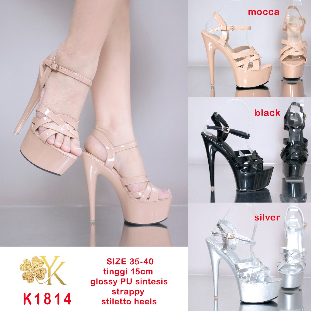 YKshoes 1814 heels 15cm strappy stiletto heels sepatu hak tali wanita black silver cream sepatu hak 