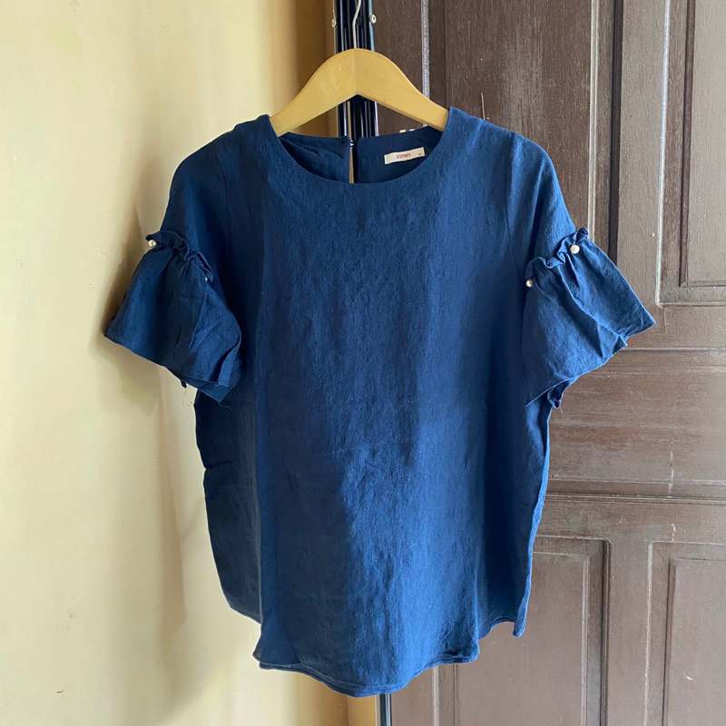 Blouse mutiara mute navy katun linen korean style baju atasan top wanita murah cantik