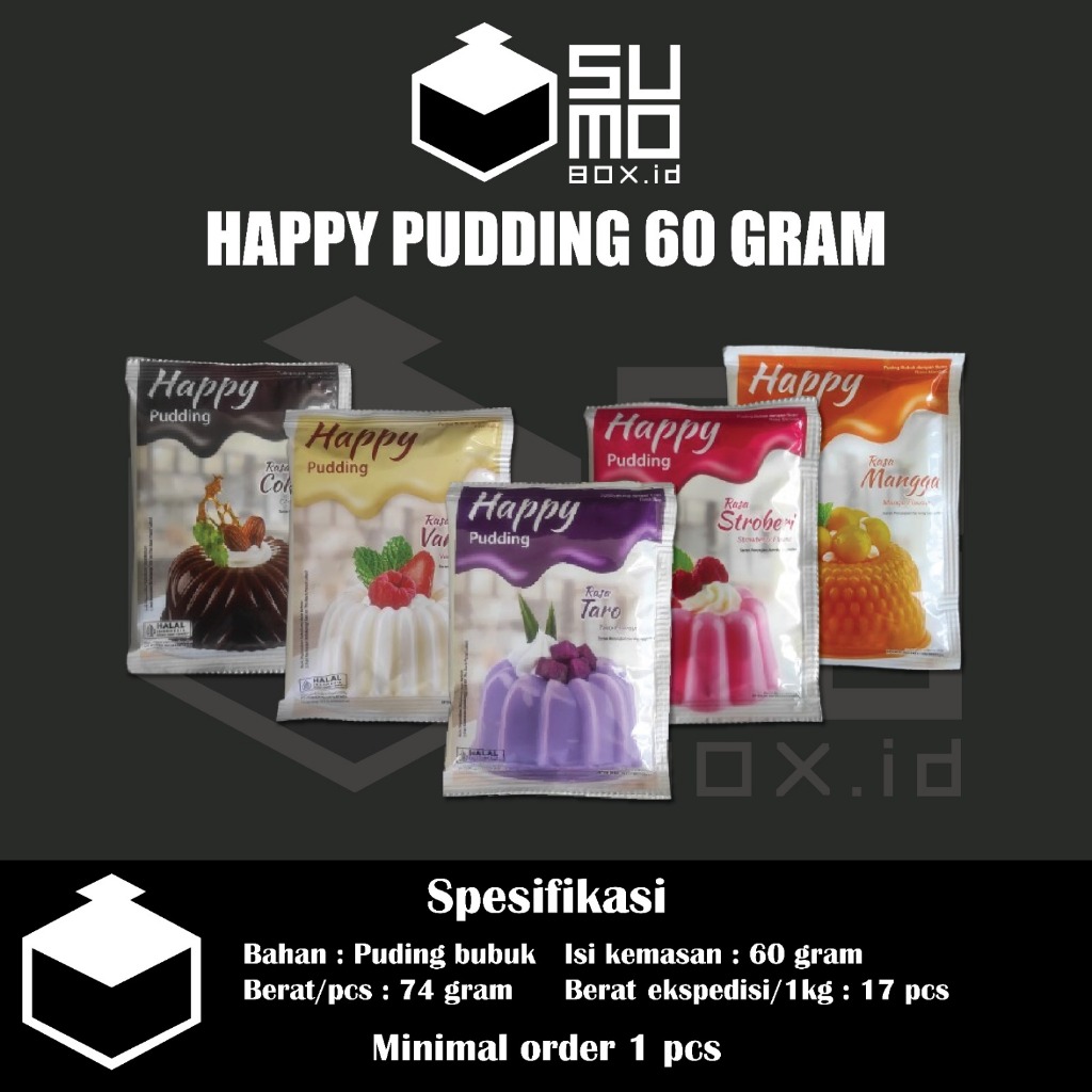 

Happy Pudding Stroberi Coklat 60gr / Puding Bubuk Instan Strawberry Chocolate Mangga Vanilla Taro