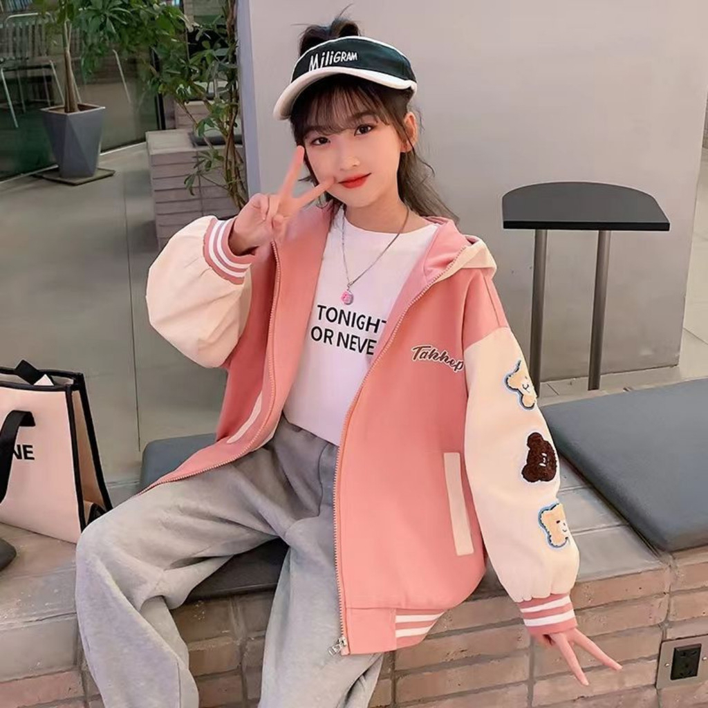 (GRATIS CUSTOM NAMA) Jaket Jacket Hoodie Baseball Varsity Kupluk Anak Cewek Perempuan Korean Style U