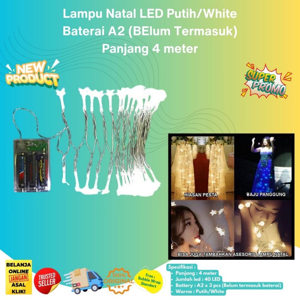 Lampu Pohon Natal 40 LED Kelap Kelip White Panjang 4 Meter Baterai