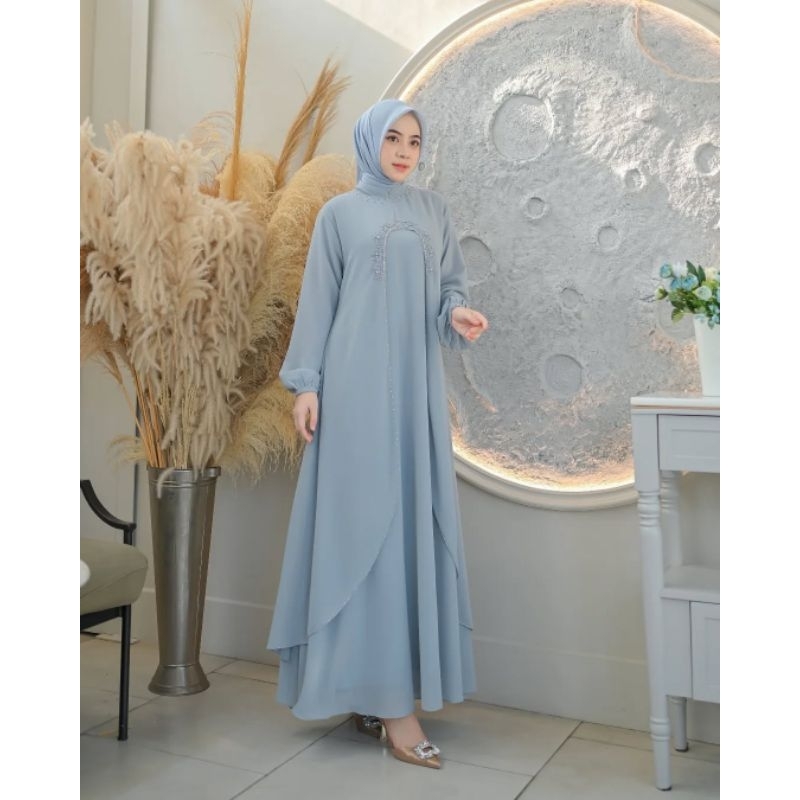 Dress Wanita Kekinian Liora Dress Lebaran 2025 Ceruty Babydoll Premium Mutiara Payet Mix Swarovski