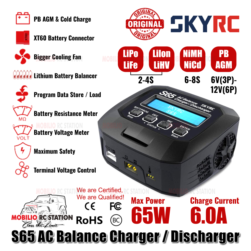 SkyRC S65 AC Balance Charger Discharger 65W 6A LiPo 2-4S NiMh Battery