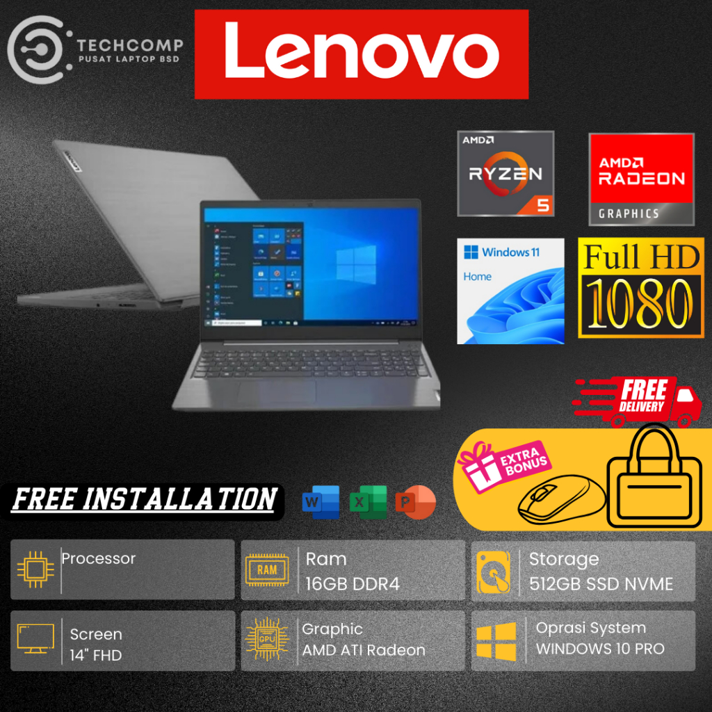 LAPTOP EDITING TERLARIS LENOVO V14 AMD RYZEN 5 7430U RAM 8GB DDR5 512GB SSD FHD WINDOWS 11 TERBARU O