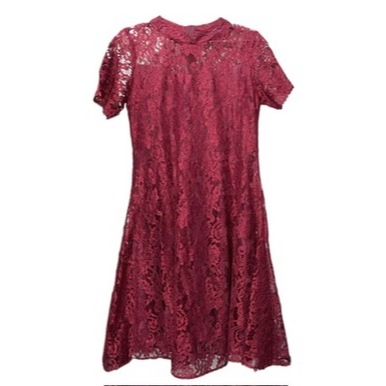 Preloved Gaun Dress Midi Brukat Brokat Lace Motif Bunga Cheongsam Imlek Merah Maroon