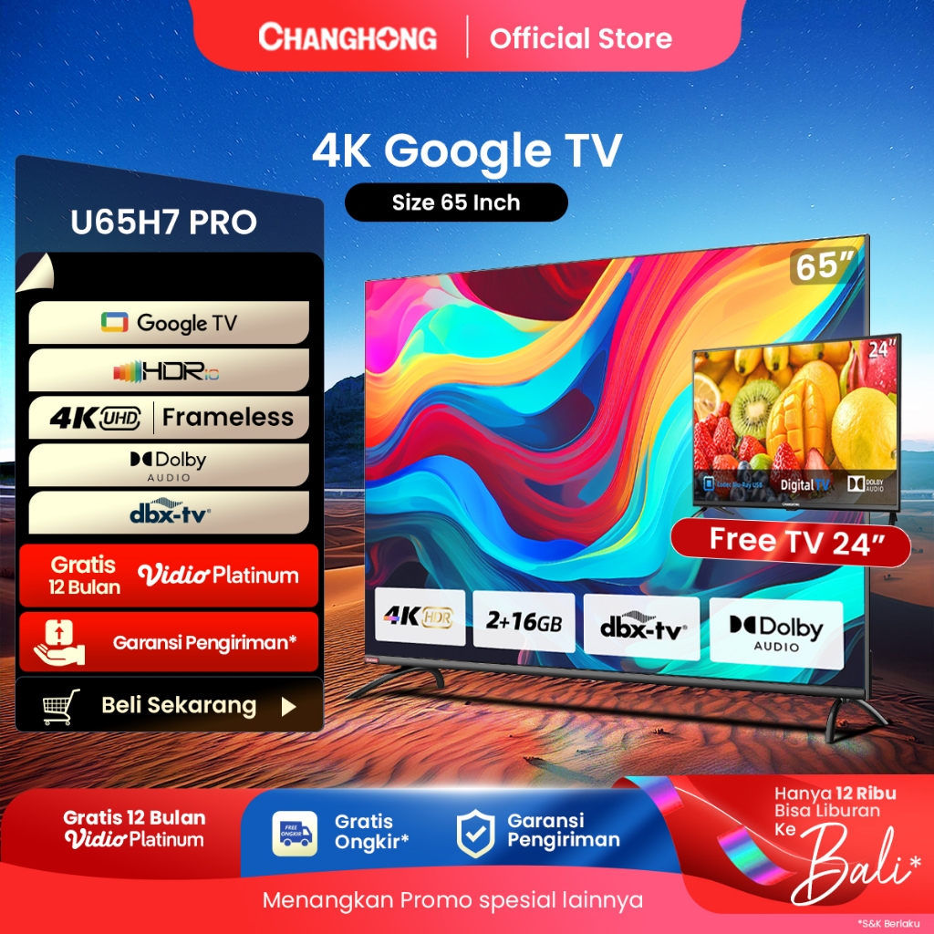 【BELI TV GRATIS TV】Google TV Changhong 65 Inch 4K  UHD Smart Digital LED TV-Google Assistant-UHD-Wif