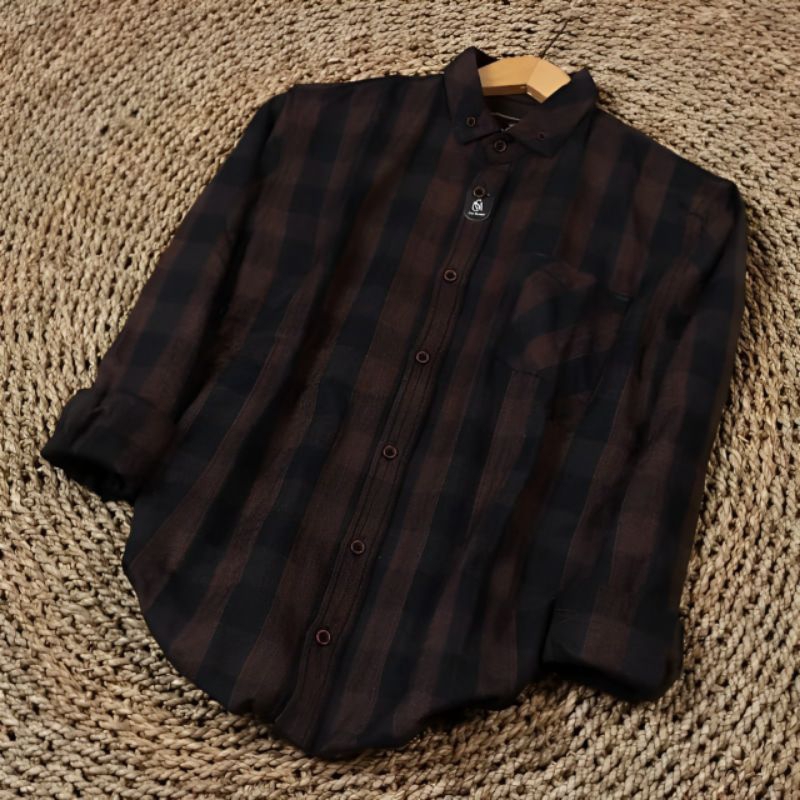 kemeja Flanel Garis Hitam Coklat Pria Lengan Panjanv