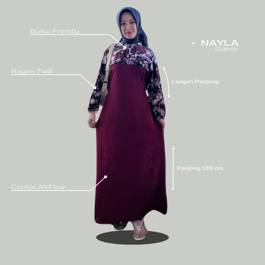 Nayla Gamis Kombinasi Crinkle Mx Rayon Premium Bumil Busui Frendly