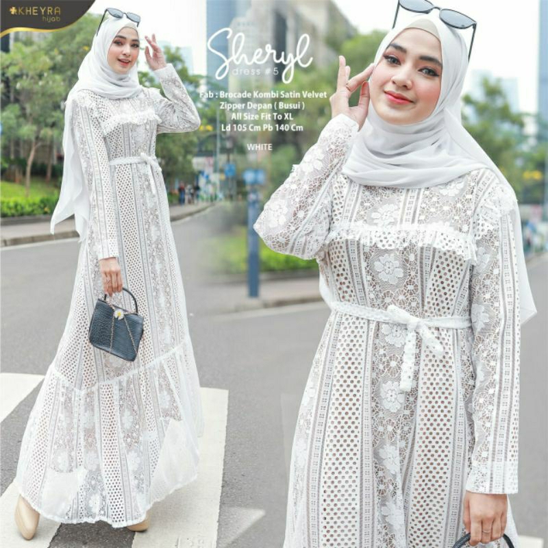 Sheryl#5 Broklat Putih Dress muslim Gamis cantik Maxy Jumbo by Alila