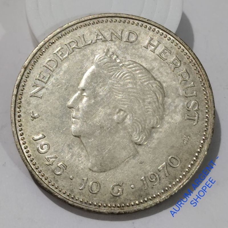 SSS.4S-- 1 PC KOIN PERAK KUNO ASLI 10 GULDEN JULIANA TH 1970. -- SILVER COIN --