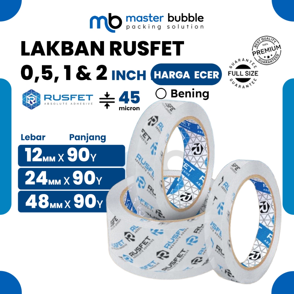 

Lakban Selotip RUSFET Bening 2 inch / 12mm 24mm 48mm x 90yard Harga Satuan Ecer Kualitas Premium