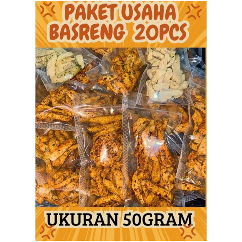 

paket usaha 20 pcs!! siap jual Basreng pedas daun jeruk kemasan pouch 50gr