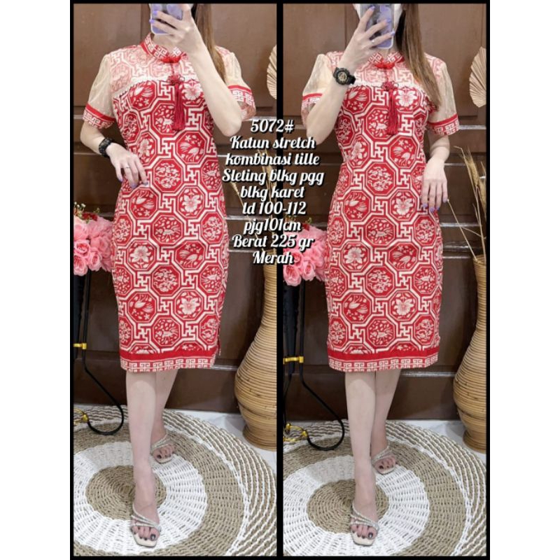 Dress Batik Cheongsam Katun Stretch Wanita/Dress Shanghai Imlek Katun Stretch Wanita