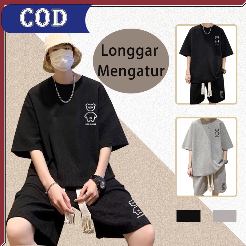 setelan kaos pria waffle baju cowok korean style setelan kaos outfit pria pinggang karet