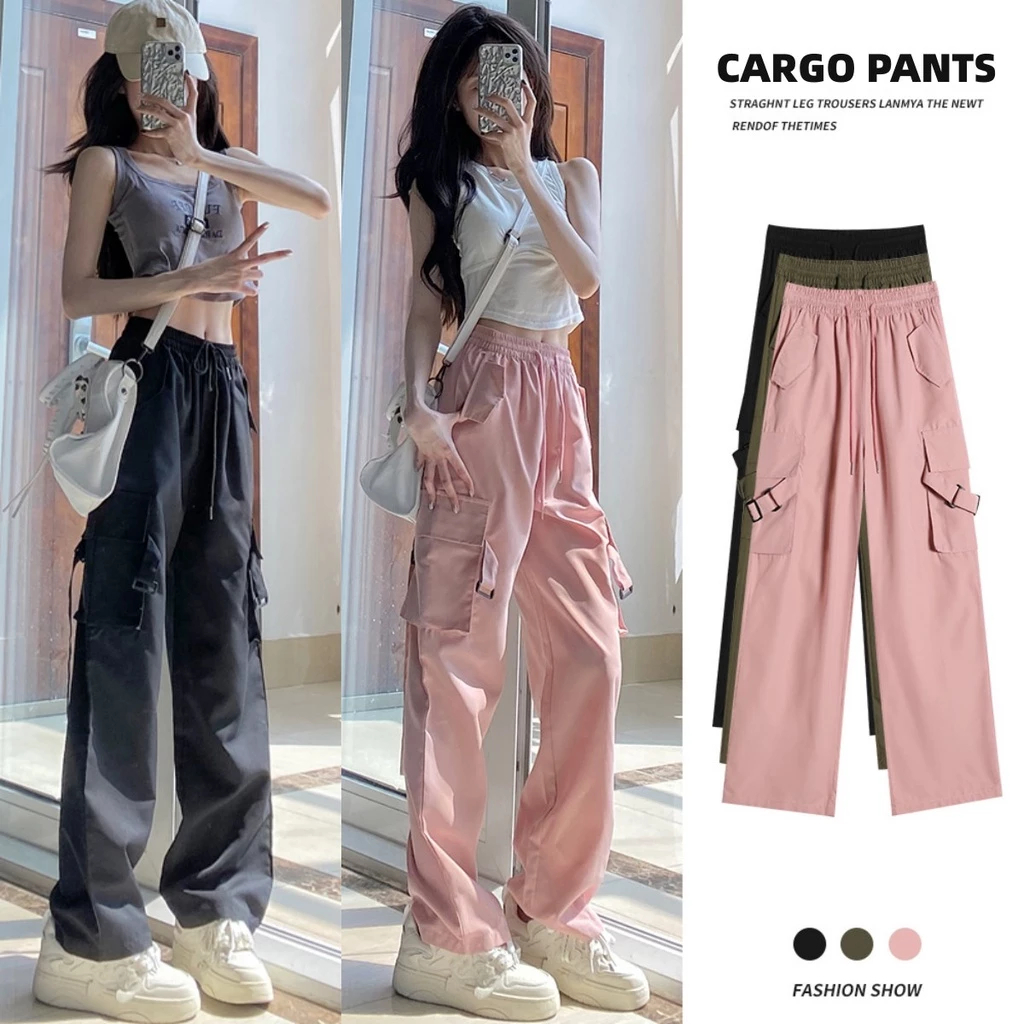 Celana Premium Cargo Pants Wanita Highwaist Casual Kekinian Korean Style Celana Panjang Kulot Hitam