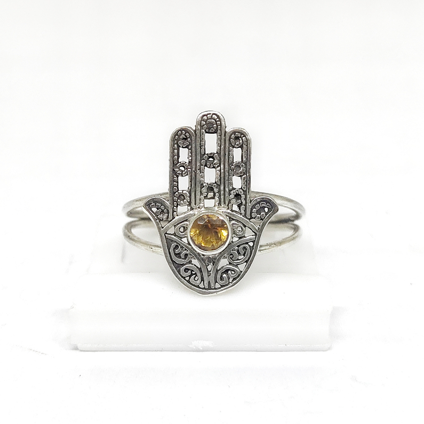 Cincin Ring Perak Silver Bali Asli 925 Motif Hamsa Tangan Yoga Meditasi Batu Kuning Citrine Pria Lak