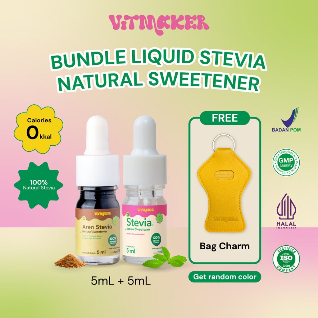 

FREE BAG CHARM [BUNDLE] STEVIA 5ML ORIGINAL + STEVIA 5ML AREN Vitmaker Liquid Stevia Pemanis Alami (pengganti gula dengan 0 calorie) HALAL DAN BPOM