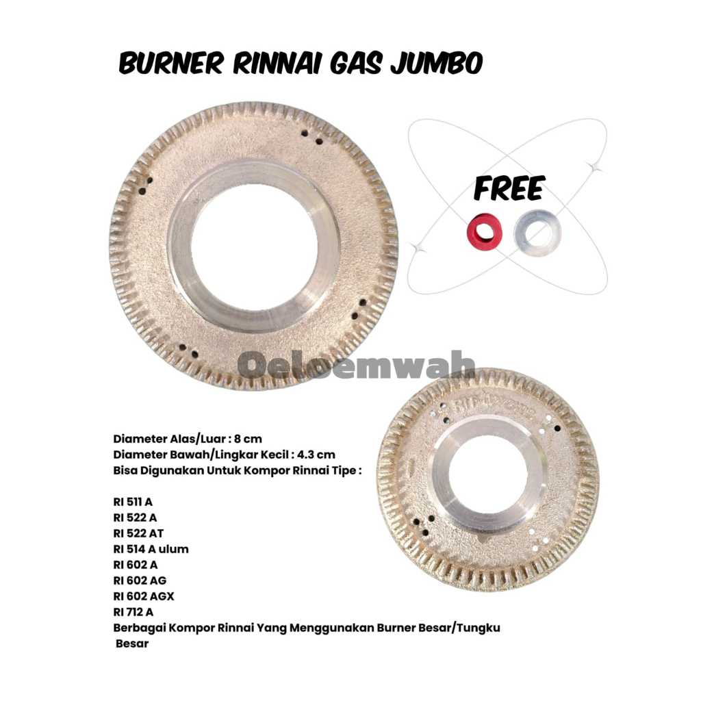 BURNER KUNINGAN BESAR KOMPOR GAS RINNAI FREE SEAL SILIKON REGULATOR GAS + KARET TABUNG GAS