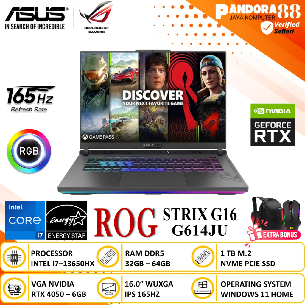 Laptop GAMING ASUS ROG STRIX G16 RTX4050 Core i7 13650HX RAM 64GB 1TB SSD WIN11 Home BARU