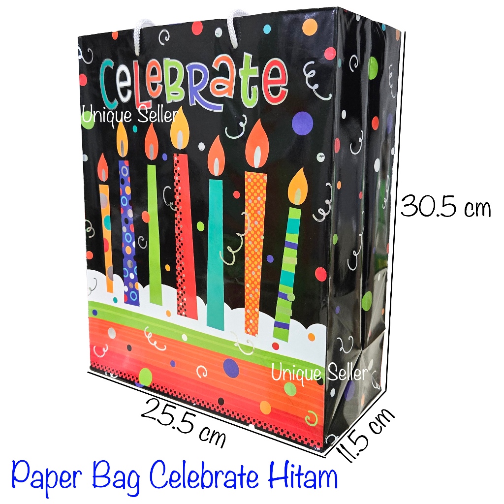 

Paper Bag Goodie Hand Bag Tas Kertas Kado Souvenir Hadiah Acara Ulang Tahun Ultah Happy Birthday Celebrate Hitam 25.5x11.5x30.5 cm / Tas Hadiah Kado Souvenir Acara Ulang Tahun Ultah Happy Birthday Celebrate Hitam / Tas Kertas Tali Paper Bag Tali