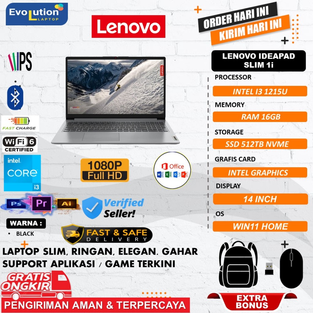 Laptop Murah Baru Lenovo Ideapad Slim 1i 14 Intel core I3 1215U 16GB 512GB 14 FHD Windows 11 GREY