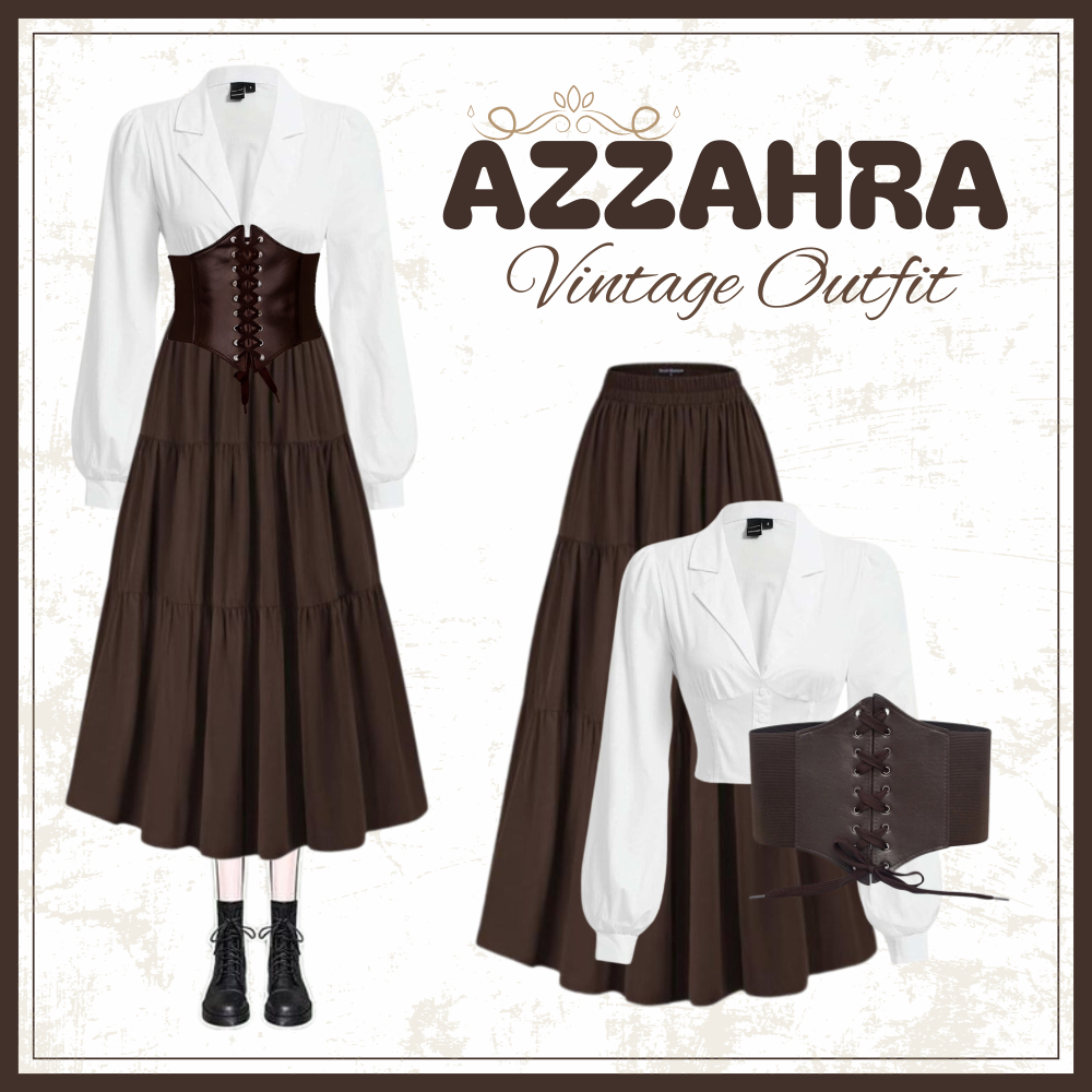 OOTD Vintage Outfit | Setelan Wanita Kekinian | Kemeja Putih + Belt Coklat + Rok Ruffle Coklat FC062