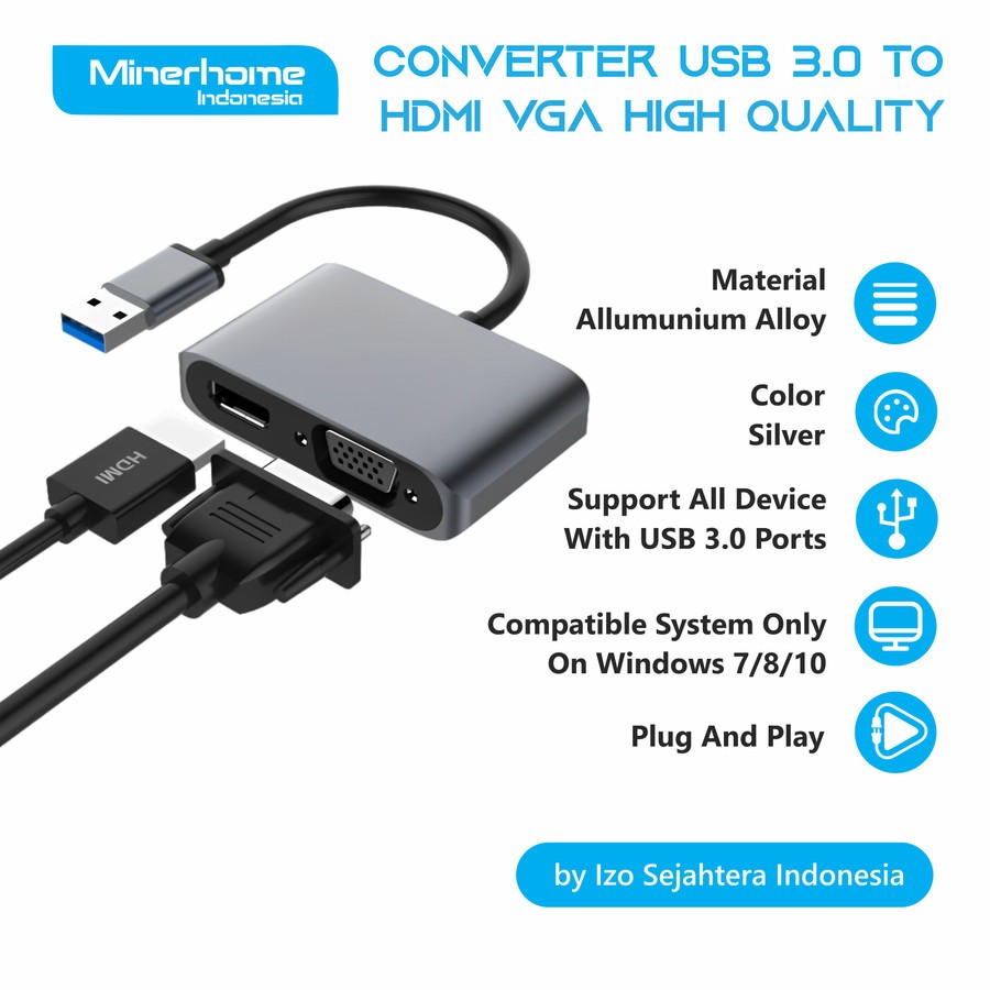Converter Adapter USB 3.0 to HDMI dan VGA Kualitas Premium