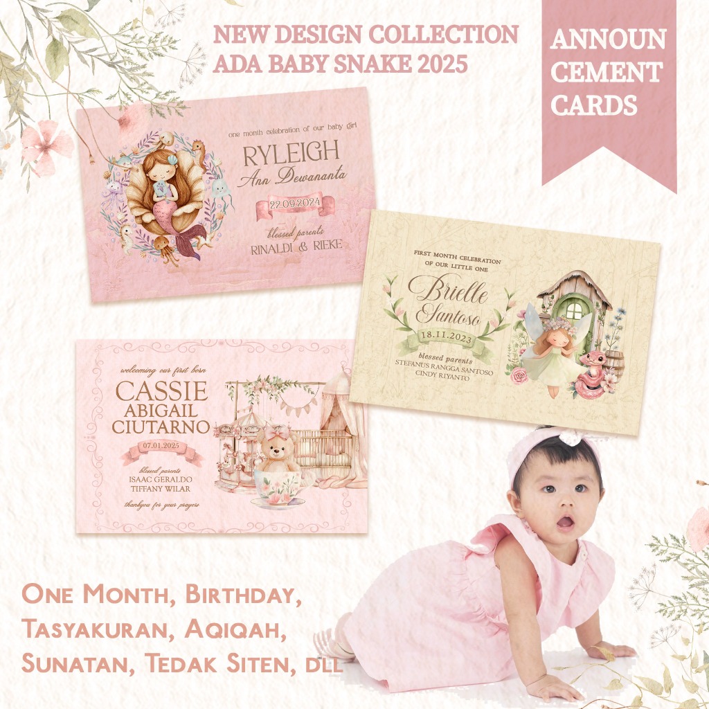 NEW DESIGN Kartu Ucapan baby Girl / Undangan Satu Bulanan One Month Baby Manyue Manyek Tasyakuran Se
