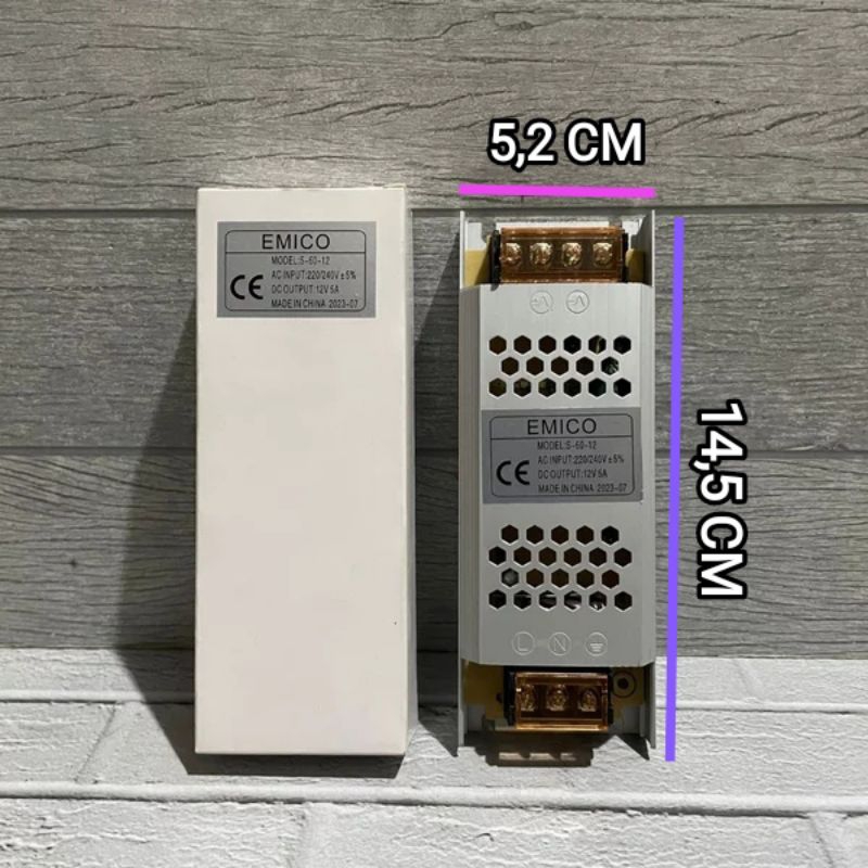 EMICO TRAFO BODI SLIM 5A 12V POWER SUPPLY 5 AMPERE TRAVO ADAPTOR 60W 12 VOLT DRIVER LAMPU LED STRIP 