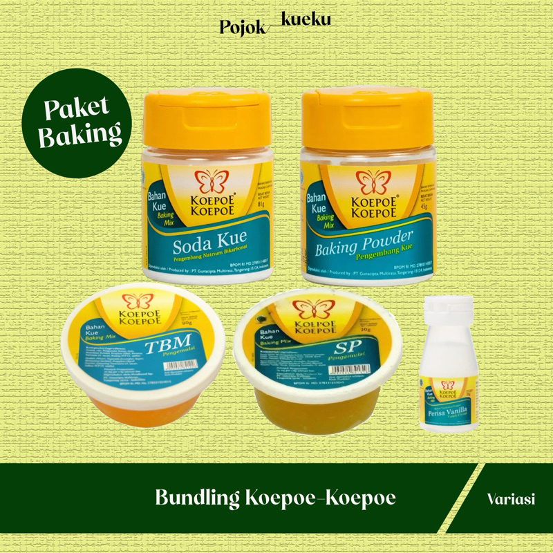 

Bundling Paket Koepoe-Koepoe | SP 30gr, TBM 35gr, Perisa Vanilla 20gr, Baking Powder 45gr, Soda Kue 81gr