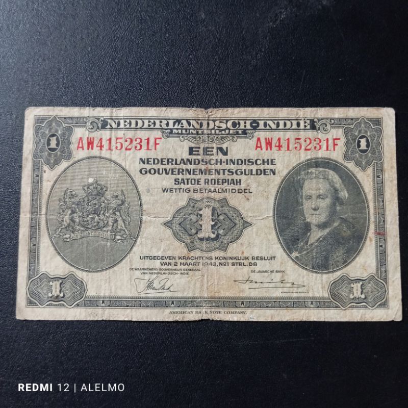 uang kertas 1 gulden seri nica tahun 1943 bekas