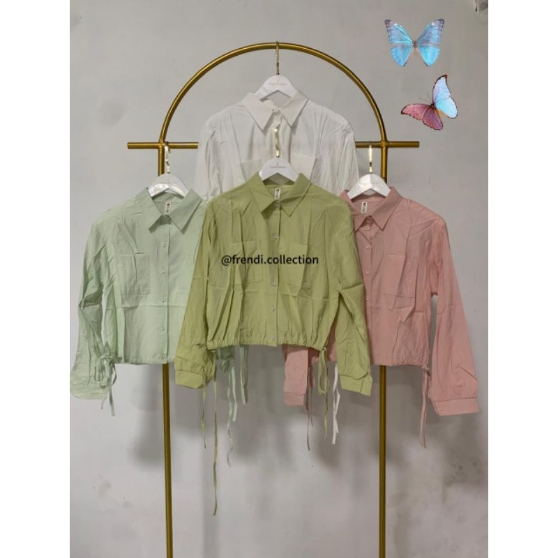 Frendi collection | Atasan baju kemeja crop tali samping premium, Blouse kemeja crop full kancing le