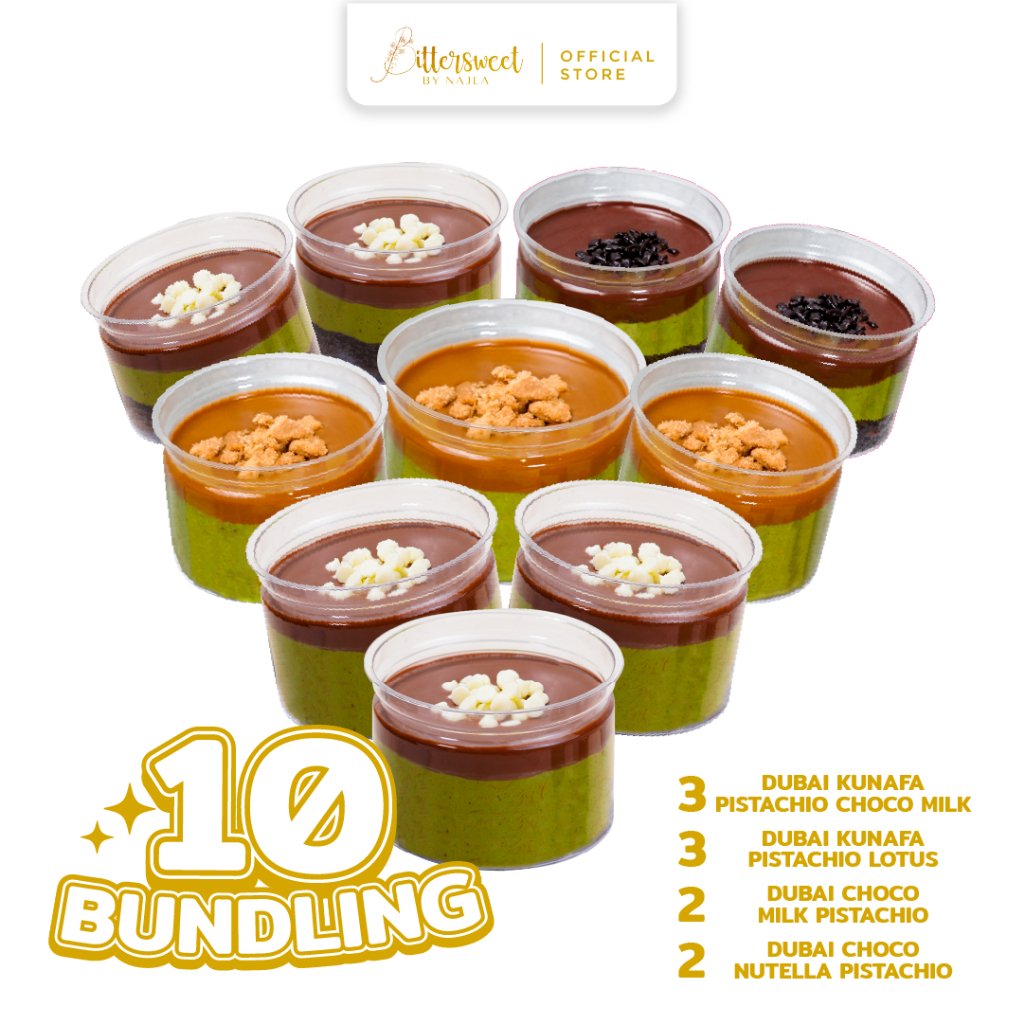 

10 Dubai ( 3 Dubai Kunafa Choco Milk + 3 Dubai Kunafa Lotus + 2 Dubai Brownies Choco Milk + 2 Dubai Brownies Nutella )