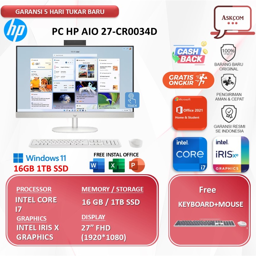 PC HP AIO 27-CR0033D/CR0034D Core i7-1355U 16GB 1TB SSD 27inch FHD IPS Touch Win 11 Home+OHS 2021