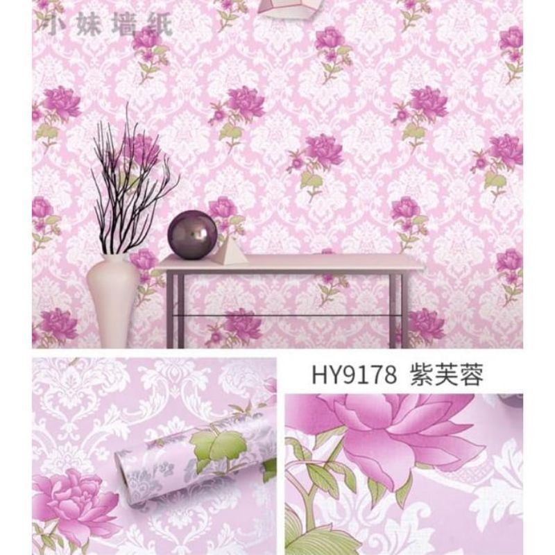 Wallpaper Stiker Dinding Wallsticker PVC Anti Air Motif batik bunga pink 45 Cm x 10 M