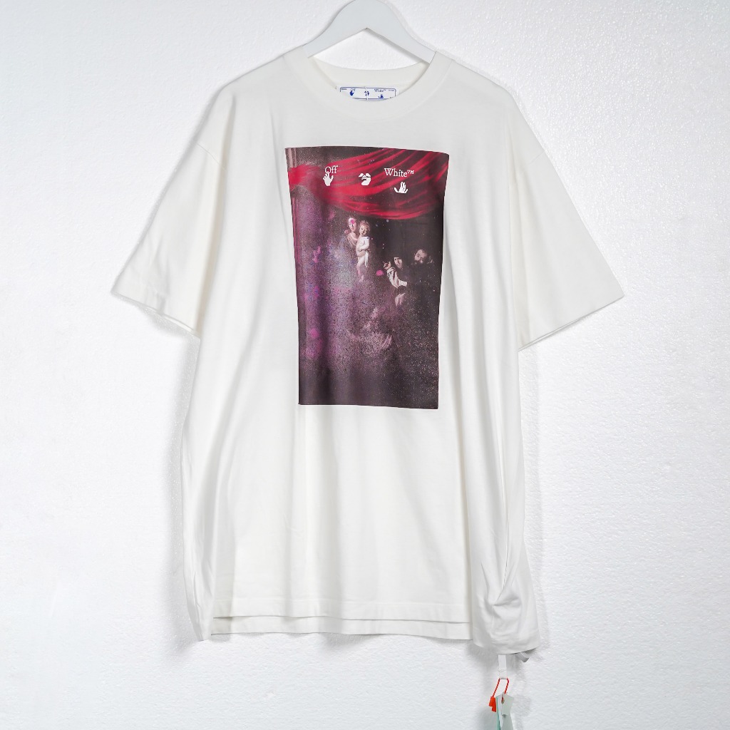 Kaos OFF WHITE CARAVAGGIO SPRAY ARROW RED WHITE TSHIRT 100% ORIGINAL